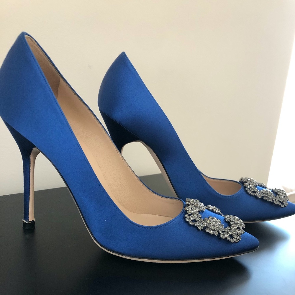 Monolo Blahnik Hangisi Blue Satin Jewel Buckle